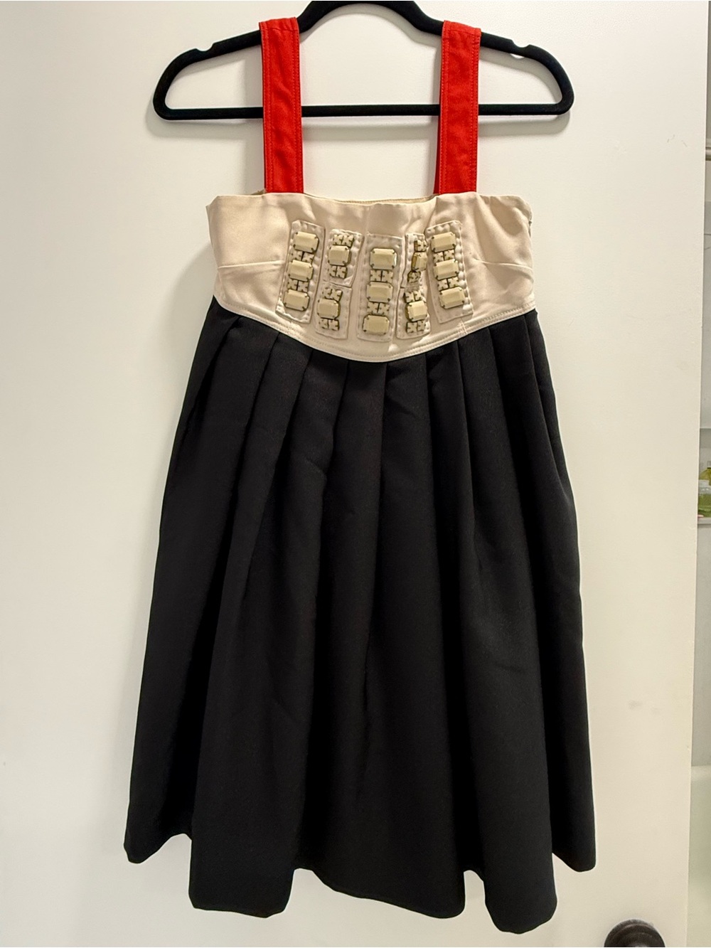 Black & Cream Mini Dress with Red Straps and Embellished Waist